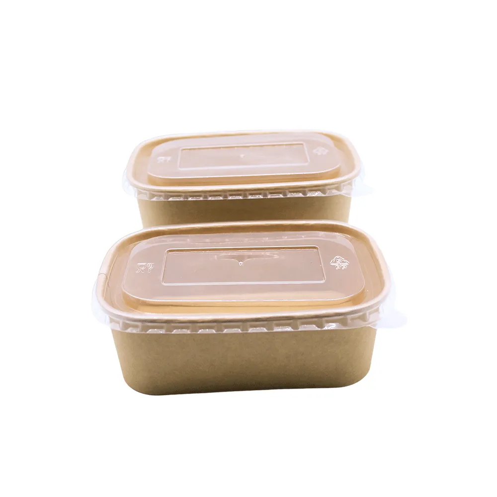 Stacked square kraft paper food containers with transparent plastic lids