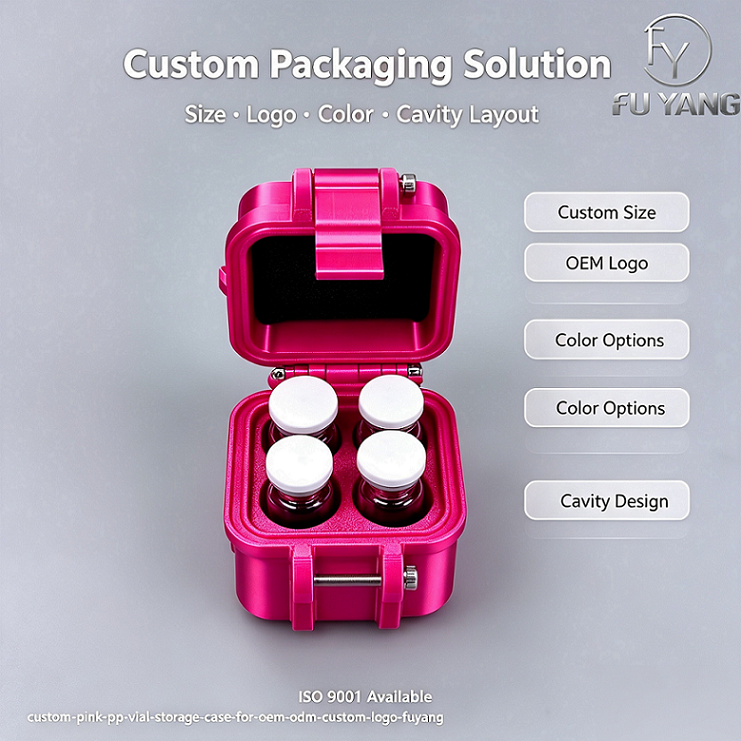 High-end anti-pressure and drop-resistant peptide vial box made of full PETG material, 4-piece set for 3ml, effectively stabilizes glass vials to prevent damage. Each vial has an independent slot. Box color, size, and brand logo printing can be customized.