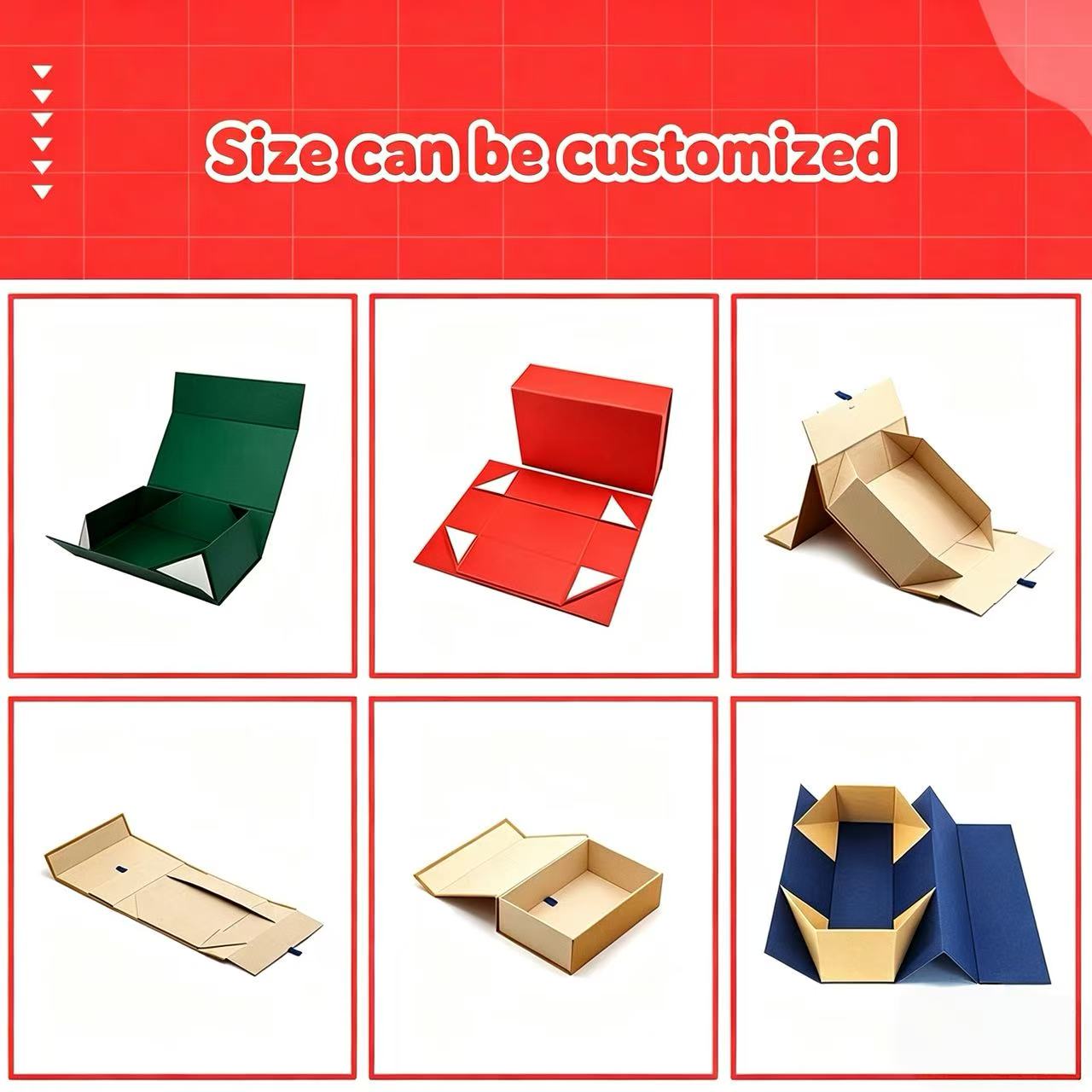 Custom Size Kraft Paper Boxes & Packaging Solutions – Featuring kraft paper box, gift box kraft paper, and paper box template designs. Size can be customized for home use, gifting, or storage. Includes various box styles: foldable, with lid, and open-top options in green, red, brown, and blue.
