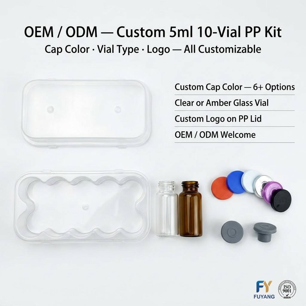 custom 5ml 10-vial complete packaging kit with transparent PP case glass vial butyl stopper and multi-color aluminum cap
