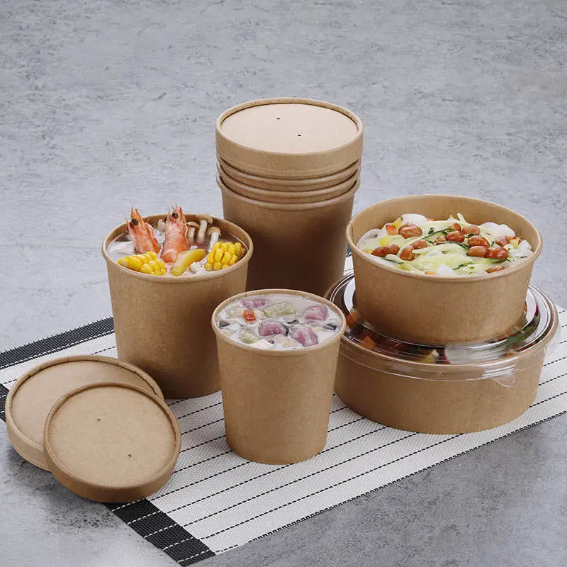 Brown Kraft Paper Food Bowls with Lids - Disposable, Eco - Friendly, Stackable Containers for Salads, Noodles, Meals