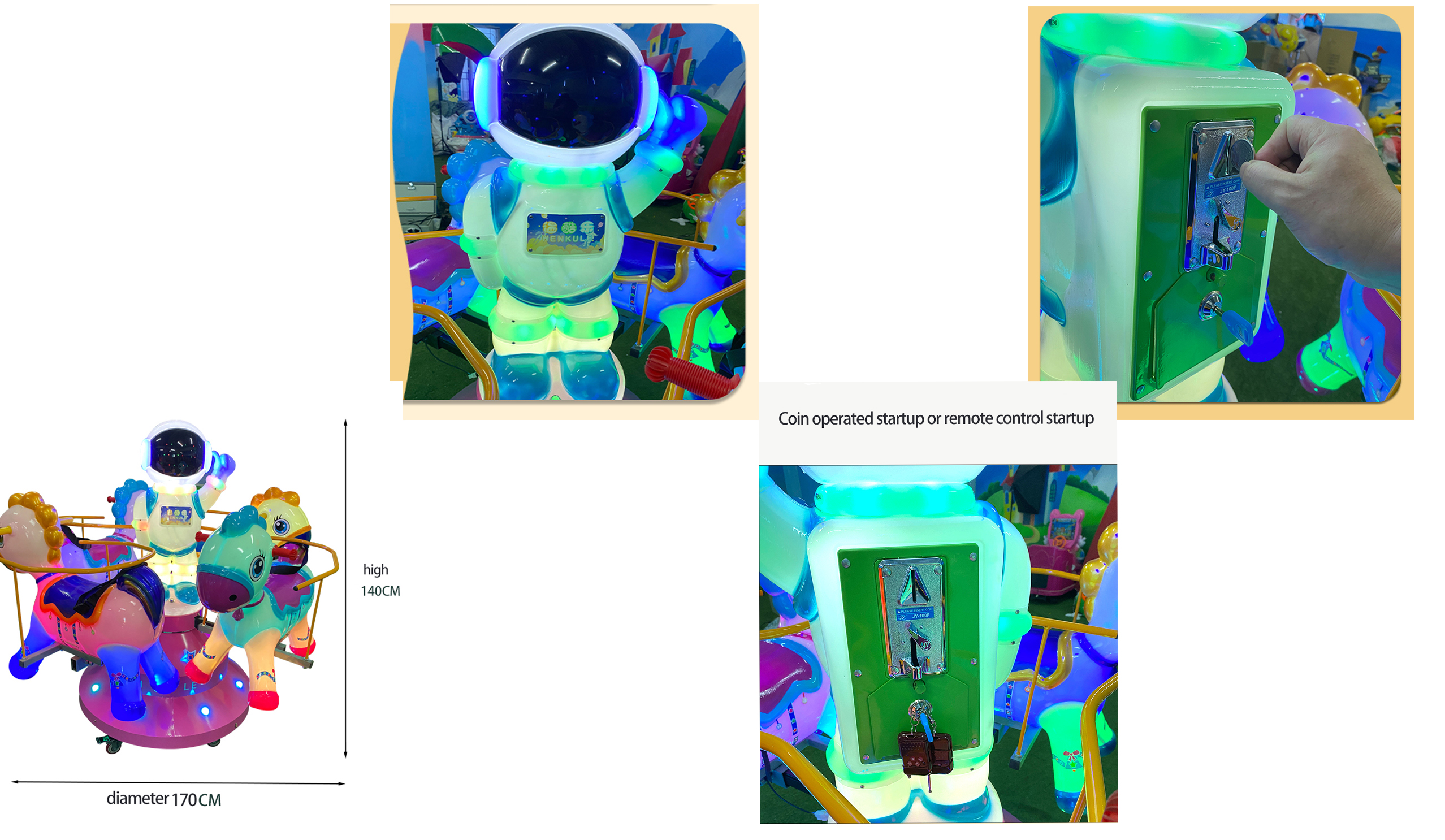 4-Seat Rotating Pony Ride Astronaut Themed Amusement Equipment