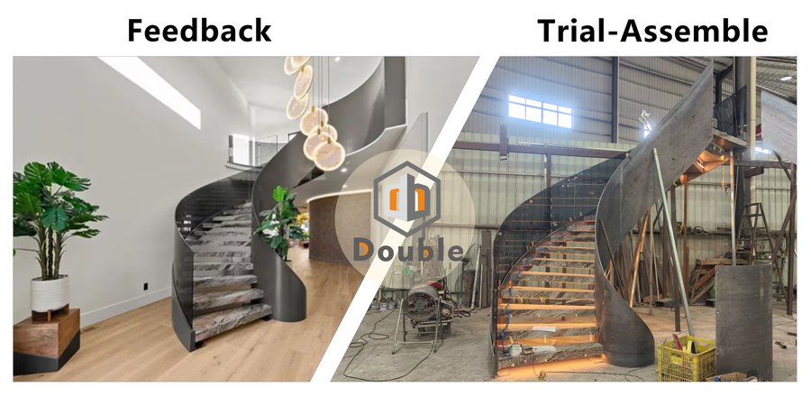 Finished and factory trial views of a curved stone staircase with dark metal stringers and glass