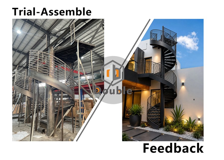 Trial assembly and installed outdoor metal spiral staircase with horizontal bar railings side by side