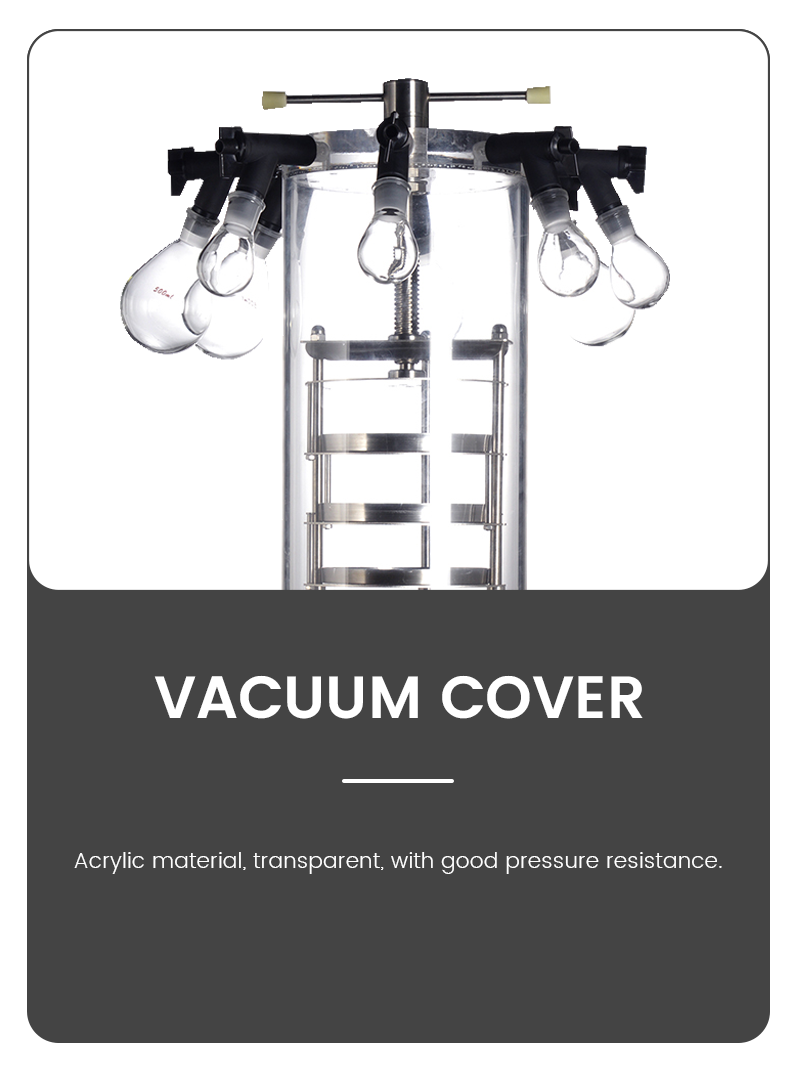 Detail of Geliss manifold stoppering freeze dryer vacuum cover, showcasing transparent acrylic material and multi-manifold ports with glass flasks.