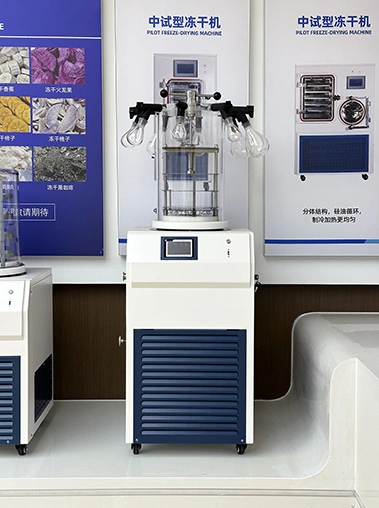 Showroom angled view of a manifold stoppering vacuum freeze dryer with a transparent drying chamber, hanging glass flasks, and blue lower grid panels.