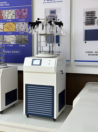 Left-side angled showroom view of a pilot vacuum freeze dryer, highlighting the connection ports on the side panel and blue ventilation grid.