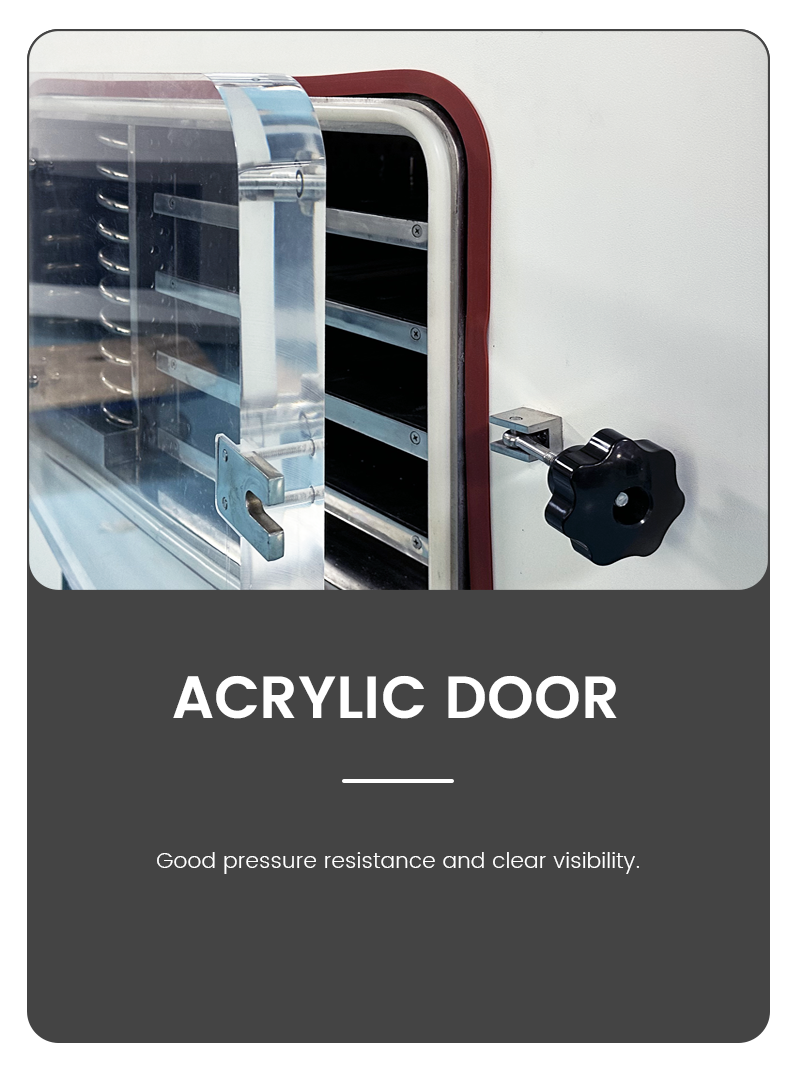 Product infographic detailing a heavy-duty transparent acrylic door with excellent pressure resistance for a vacuum freeze dryer.