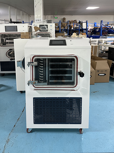 Front view of an industrial vacuum freeze dryer with a square transparent chamber door on a blue factory workshop floor.