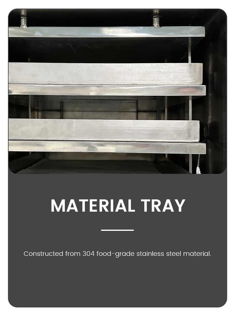 Technical infographic illustrating 304 food-grade stainless steel material trays layered inside a vacuum freeze dryer lyophilizer.
