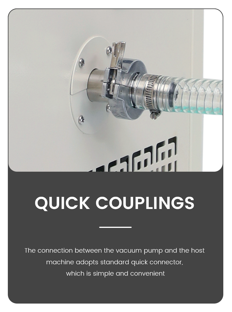 Close-up of the standard stainless steel quick coupling connection between the vacuum pump hose and the Geliss freeze dryer host machine