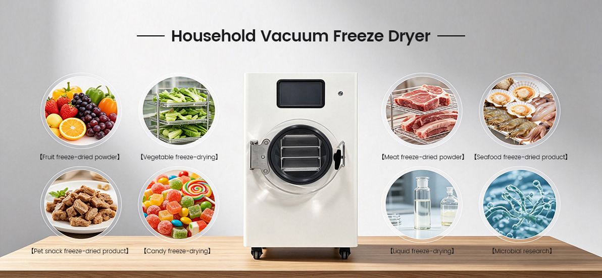 Geliss household vacuum freeze dryer multi-application banner showcasing fruit powder, vegetable drying, meat, seafood, pet snacks, candy, liquid, and microbial research