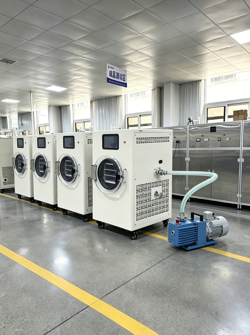 A line of Geliss vacuum freeze dryers undergoing assembly and quality testing in the factory production workshop