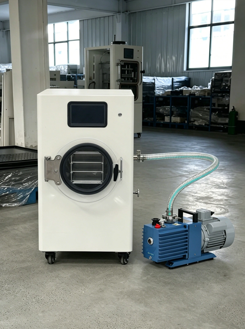 Geliss countertop lyophilizer side perspective view highlighting side cooling ventilation grilles and quick coupling vacuum connection