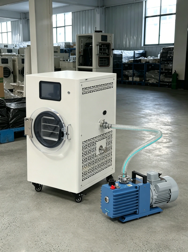 Geliss home freeze dryer front view in factory workshop connected to a blue rotary vane vacuum pump via a reinforced vacuum hose