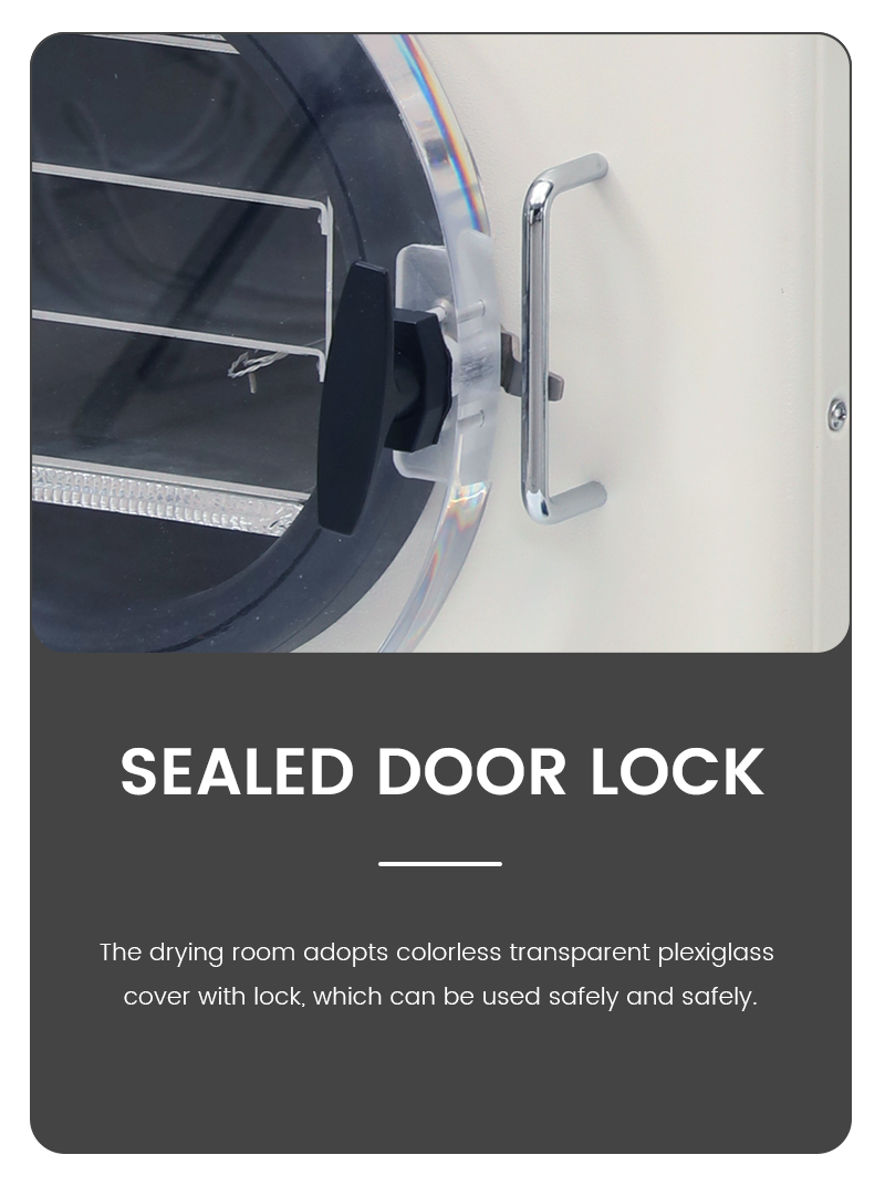 Geliss home freeze dryer sealed door lock detail - colorless transparent plexiglass drying chamber cover with a heavy-duty secure latch, handle, and robust sealing gasket