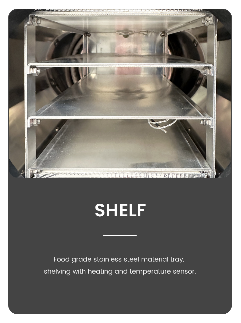 Geliss freeze dryer interior shelf detail - multi-tier food-grade stainless steel material trays and shelving system equipped with integrated heating and built-in temperature sensors
