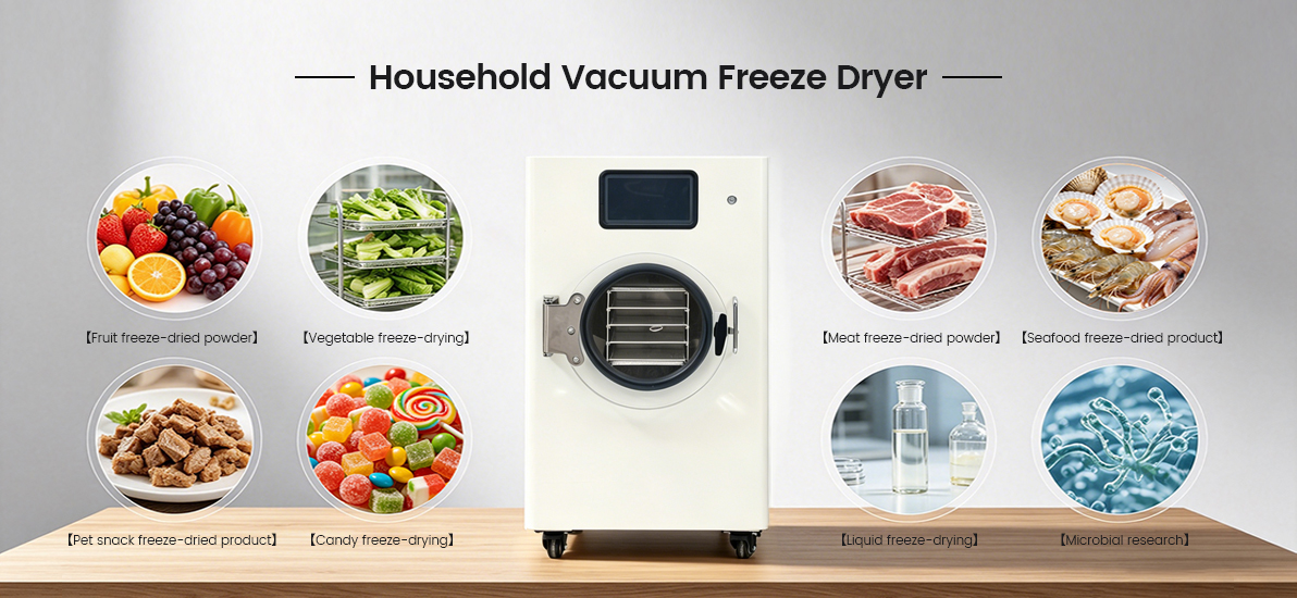 Geliss household vacuum freeze dryer multi-application banner showcasing versatile freeze-drying options for fruits, vegetables, meat, seafood, pet snacks, candy, liquids, and microbial research