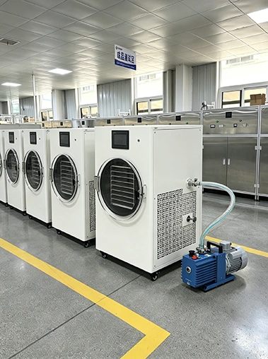 Geliss freeze dryer factory manufacturing facility production line - multiple finished white home lyophilizer units undergoing quality control checks inside the dedicated finished product testing area