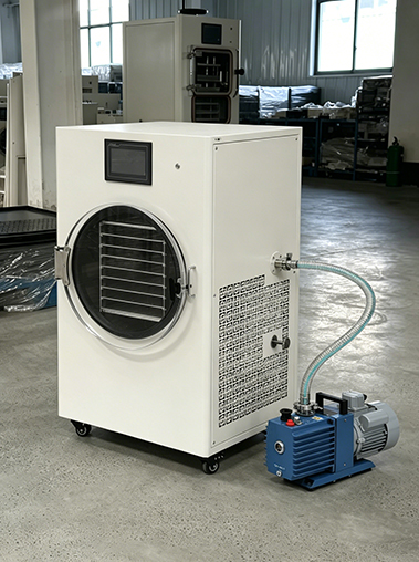 Geliss home freeze dryer side perspective real shot in factory workshop, showcasing the white metal cabinet housing with a patterned cooling ventilation grille and reinforced transparent vacuum line