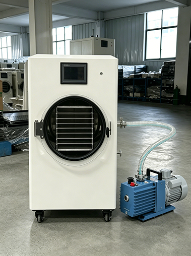 Geliss home vacuum freeze dryer factory real shot front view - premium white countertop lyophilizer machine unit set up next to its blue dual-stage rotary vane vacuum pump on the workshop floor