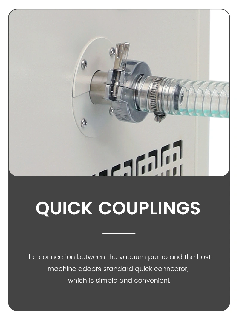 Geliss freeze dryer quick couplings detail feature infographic - standard heavy-duty quick connector structure providing a simple, convenient, and airtight connection between the vacuum pump and host machine