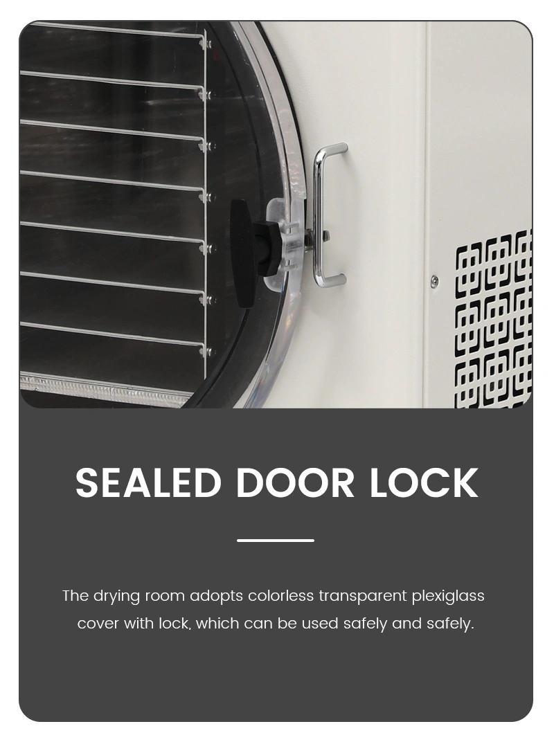 Geliss freeze dryer sealed door lock detail feature infographic - secure heavy-duty latch handle built onto a colorless transparent plexiglass drying chamber cover for safe and reliable operation