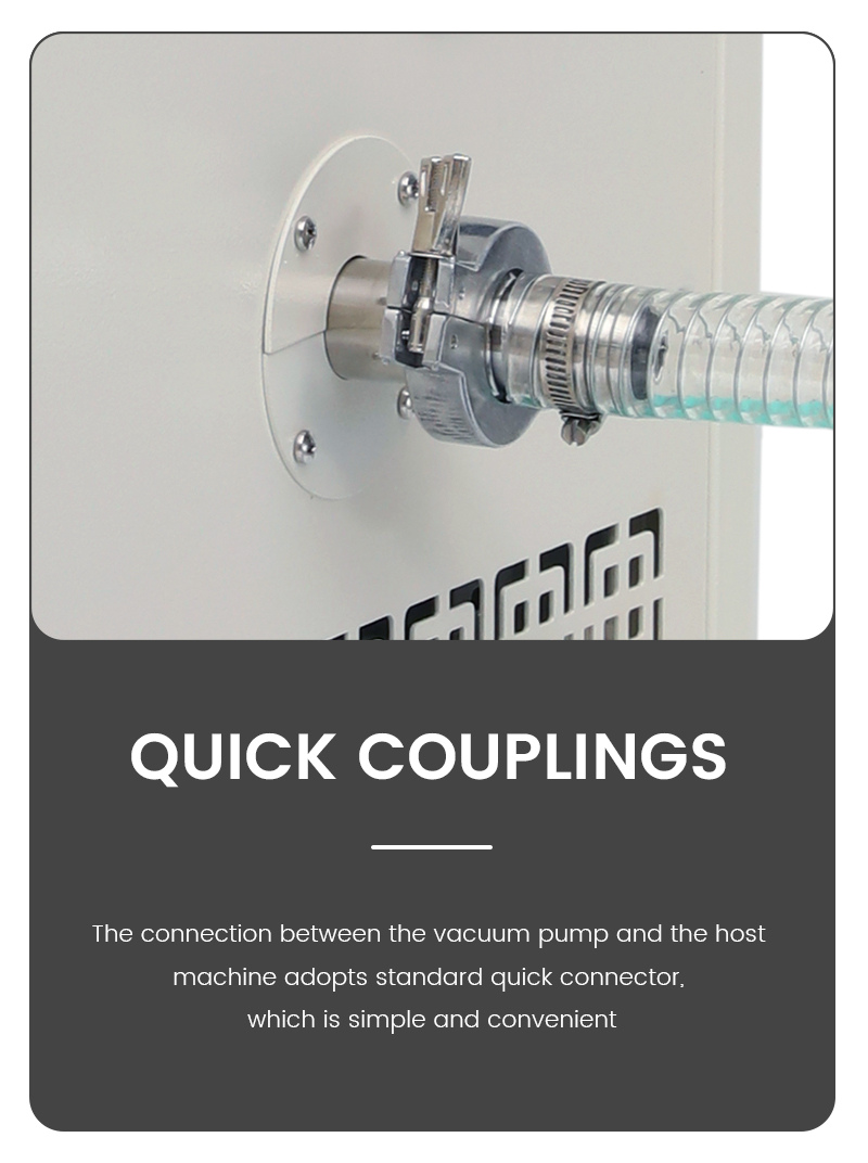 Geliss freeze dryer quick couplings detail feature infographic - standard heavy-duty quick connector structure providing a simple, convenient, and airtight connection between the vacuum pump and host machine