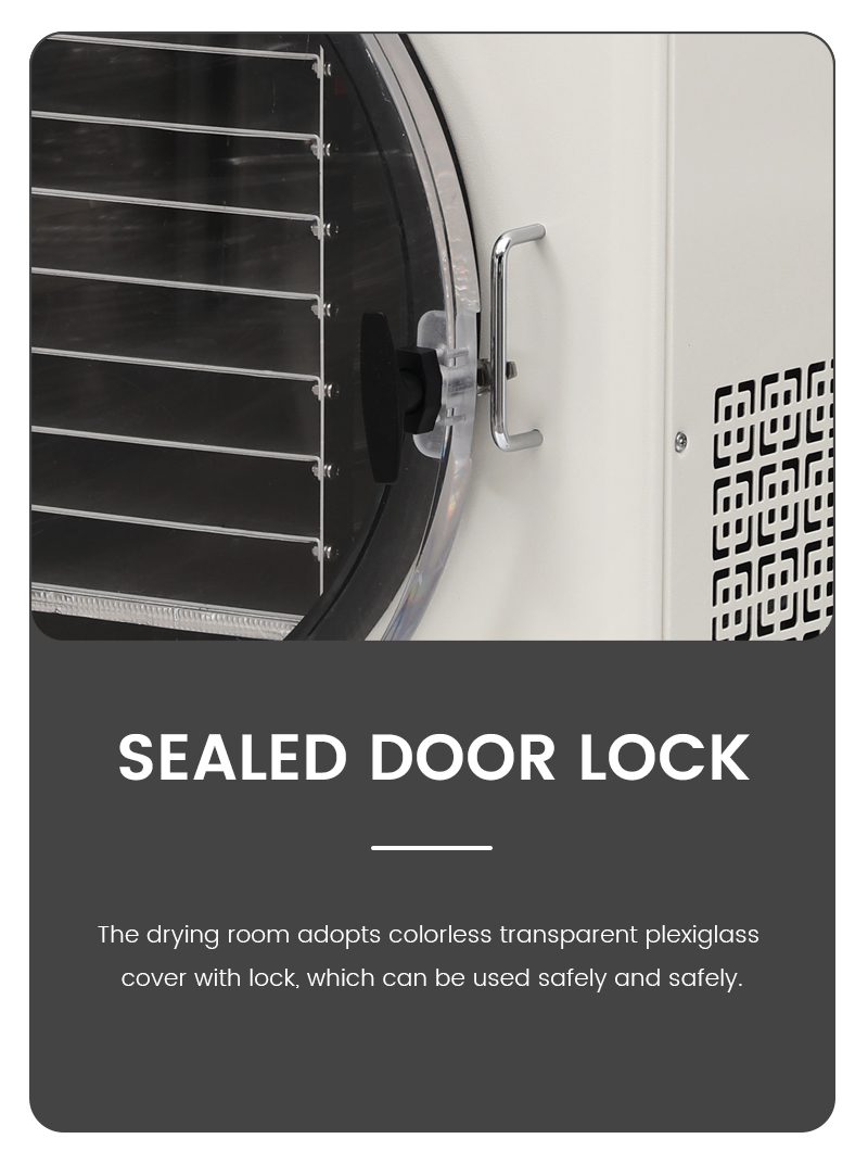 Geliss freeze dryer sealed door lock detail feature infographic - secure heavy-duty latch handle built onto a colorless transparent plexiglass drying chamber cover for safe and reliable operation