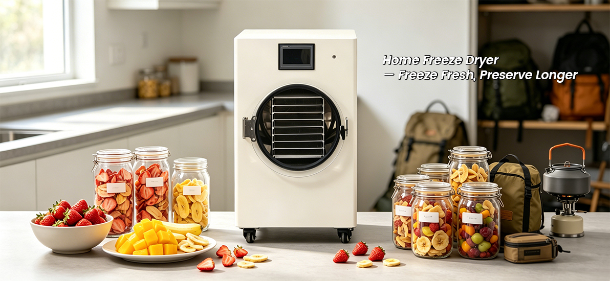 Geliss home freeze dryer kitchen banner with slogan Freeze Fresh, Preserve Longer, displaying glass storage jars filled with freeze-dried strawberries, mangoes, and bananas next to outdoor camping gear