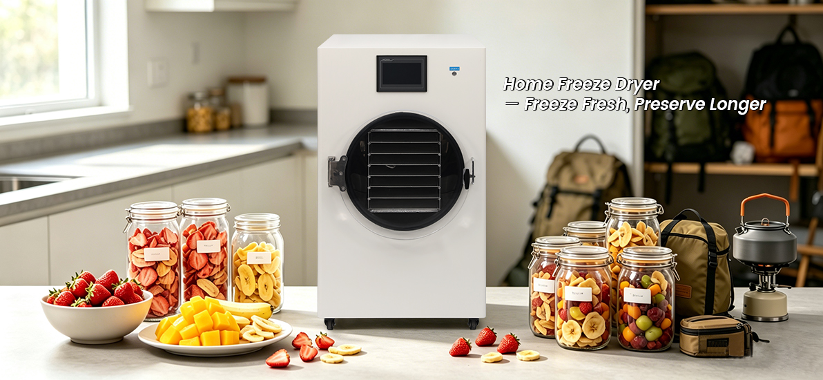 Geliss home freeze dryer kitchen banner with slogan Freeze Fresh, Preserve Longer, displaying glass storage jars filled with freeze-dried strawberries, mangoes, and bananas next to outdoor camping gear