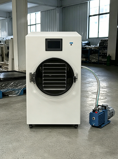 Geliss home vacuum freeze dryer factory real shot front view - premium white countertop lyophilizer machine unit set up next to its blue dual-stage rotary vane vacuum pump on the workshop floor