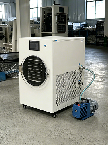 Geliss home freeze dryer side perspective real shot in factory workshop, showcasing the white metal cabinet housing with a patterned cooling ventilation grille and reinforced transparent vacuum line
