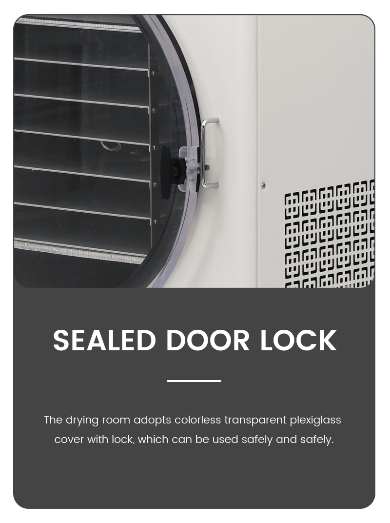 Geliss freeze dryer sealed door lock detail infographic showing a secure heavy-duty handle latch built onto a colorless transparent plexiglass drying chamber cover for safe operation