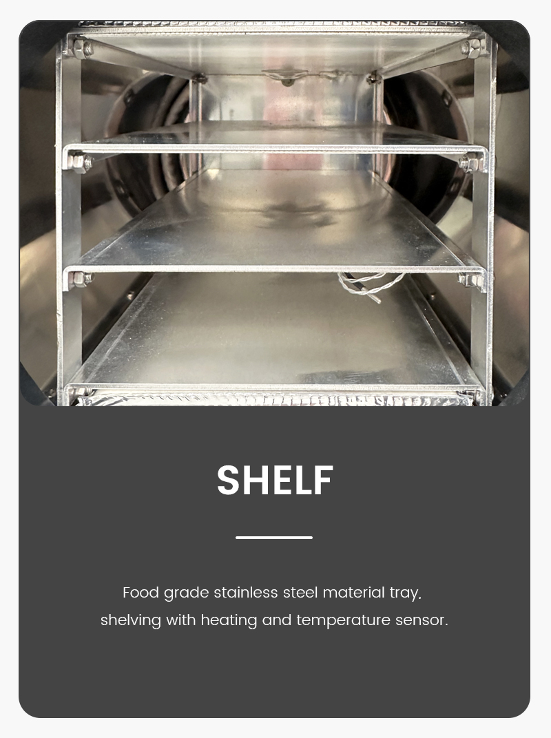 Geliss freeze dryer interior shelf detail infographic showing a multi-tier food-grade stainless steel material tray and drying rack shelving system equipped with built-in heating and temperature sensors