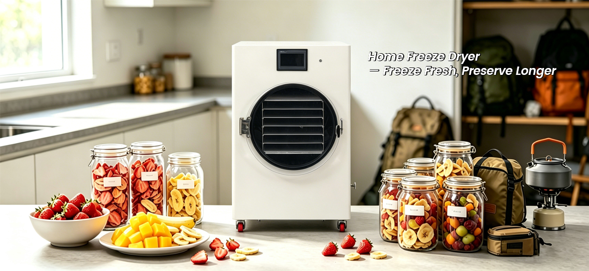 Geliss home freeze dryer kitchen banner with slogan Freeze Fresh, Preserve Longer, displaying glass storage jars filled with freeze-dried fruits next to fresh mangoes, strawberries, and outdoor camping gear