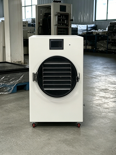 Geliss home freeze dryer unit front view real shot in factory workshop, showcasing a clean white cabinet design, an upper digital touchscreen control panel, and a large circular transparent chamber door