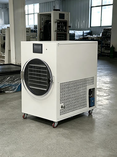 Geliss home freeze dryer side perspective real shot inside the factory, highlighting a large square-patterned ventilation grille for heat dissipation and an integrated built-in vacuum pump compartment