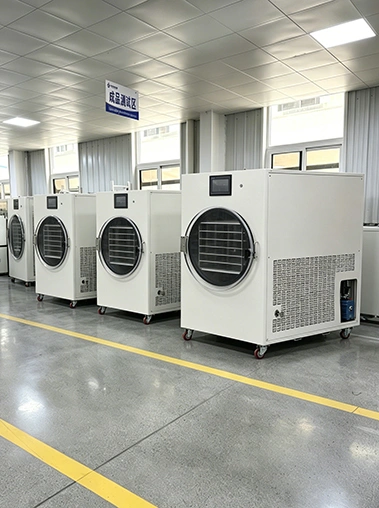 Geliss freeze dryer factory production facility - a row of multiple finished white lyophilizer units undergoing quality control checks inside the dedicated finished product testing area