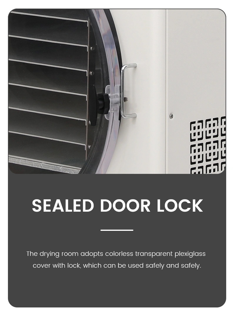 Geliss freeze dryer sealed door lock feature infographic illustrating the heavy-duty handle latch built onto a colorless transparent plexiglass drying room cover for safe vacuum operation