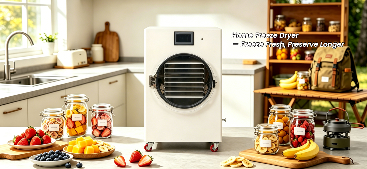 Geliss home freeze dryer kitchen lifestyle banner featuring the slogan Freeze Fresh, Preserve Longer, displaying glass storage jars filled with freeze-dried fruit slices next to fresh strawberries, mangoes, blueberries, and bananas