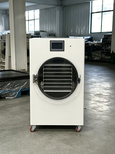 Geliss home freeze dryer machine front view real shot inside the factory workshop, showcasing the clean white cabinet housing, upper digital touchscreen control panel, and large circular clear chamber door