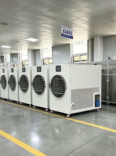 Geliss freeze dryer factory assembly line showing a row of multiple completed white home lyophilizer units undergoing quality control under the finished product testing area sign