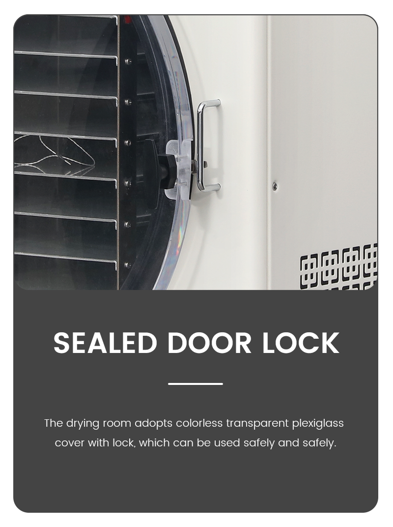 Geliss freeze dryer sealed door lock feature infographic illustrating the heavy-duty handle latch built onto a colorless transparent plexiglass drying room cover for safe vacuum operation