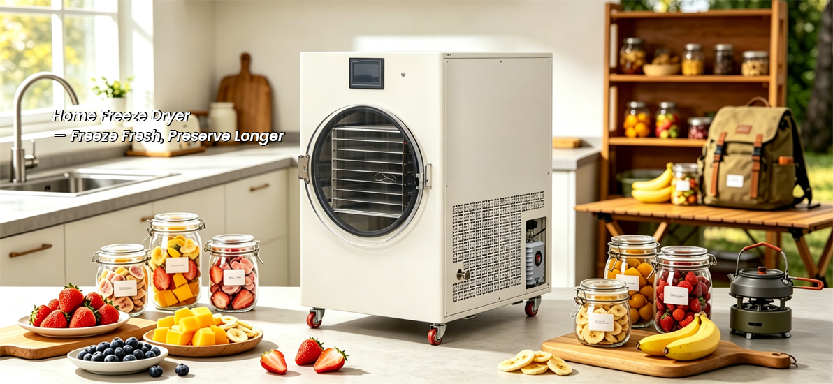Geliss home freeze dryer kitchen lifestyle banner featuring the slogan Freeze Fresh, Preserve Longer, displaying an 8-tier white lyophilizer unit surrounded by glass storage jars filled with freeze-dried fruit slices next to fresh strawberries, mangoes, blueberries, and bananas