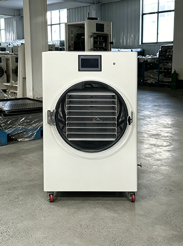Geliss home freeze dryer machine front view real shot inside the factory workshop, showcasing the clean white cabinet housing, upper digital touchscreen control panel, and large circular clear chamber door revealing the 8-tier tray rack system