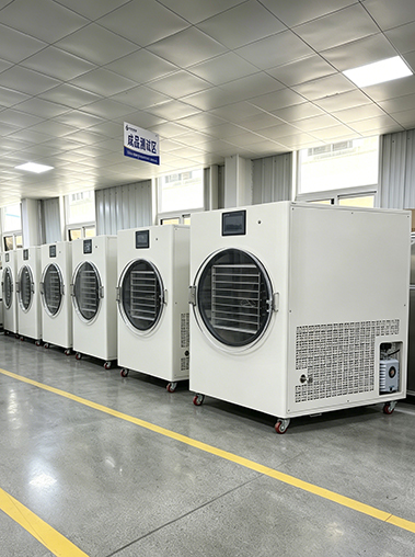 Geliss freeze dryer factory assembly line showing a row of multiple completed white home lyophilizer units undergoing quality control under the finished product testing area sign
