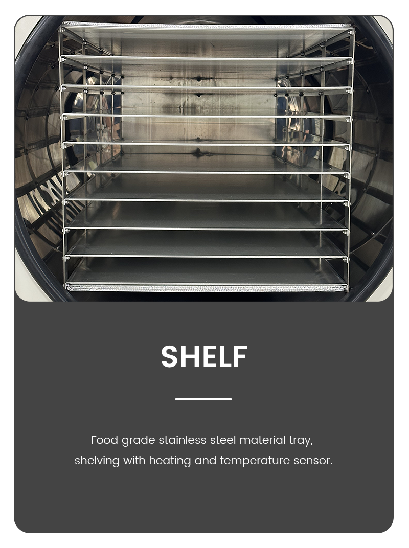 Infographic detail of Geliss freeze dryer internal shelf rack featuring food-grade stainless steel material trays.