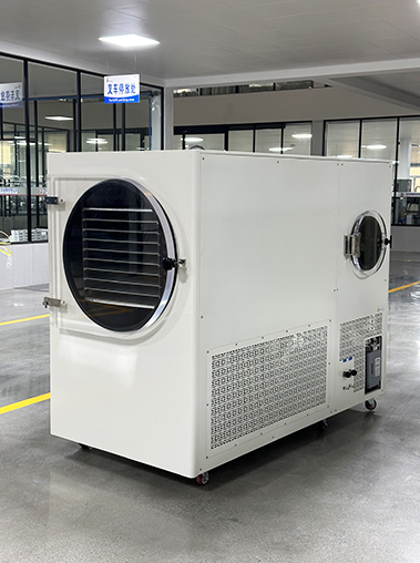 Side angle real shot of Geliss freeze dryer cabinet in a workshop, showing cold trap window and ventilation grilles.