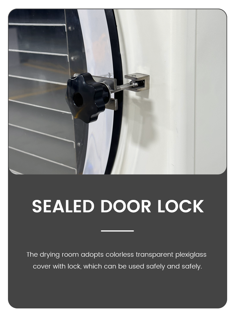 Close-up infographic of Geliss freeze dryer sealed door lock mechanism on a transparent plexiglass chamber cover.